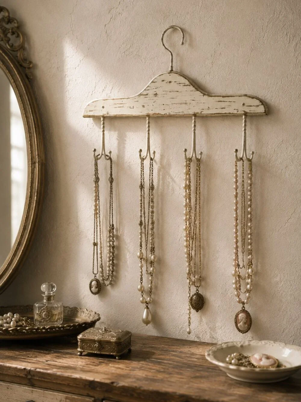 2- Vintage Primitive Whitewashed Wooden Coat Hanger Rack With Four Double Hooks